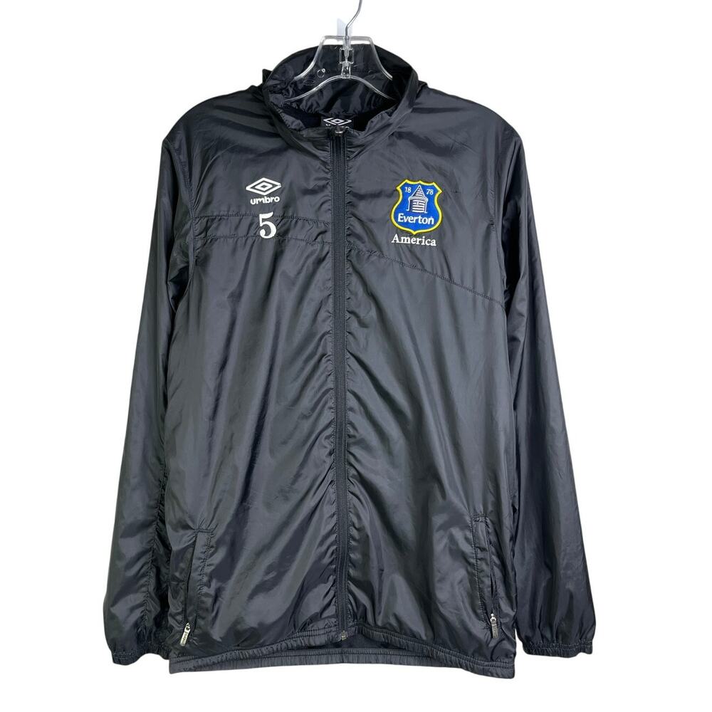 Everton FC Umbro Windbreaker Hoodie Jacket Mens XL Black Embroidered Patches Zip